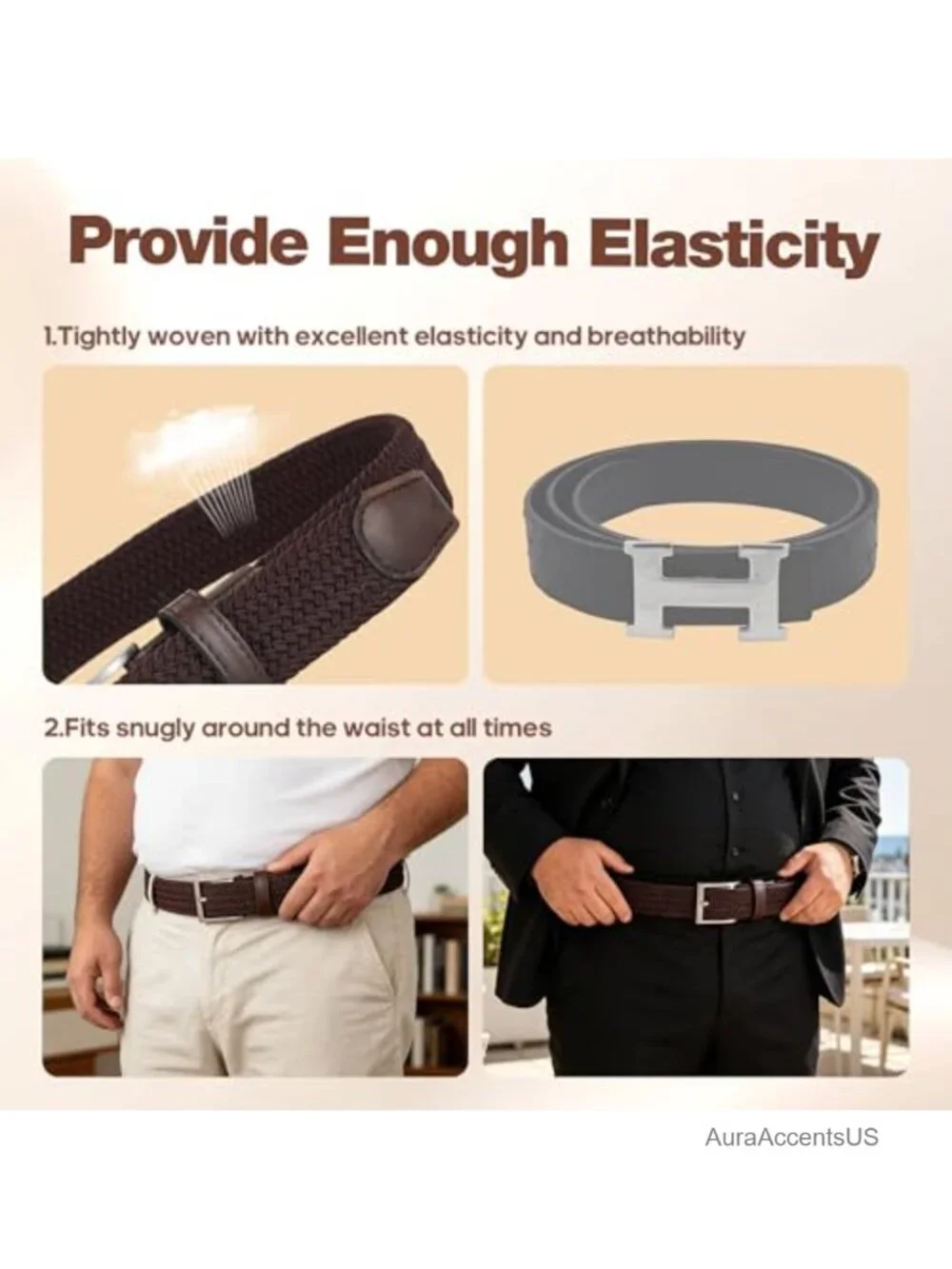 Men's Stretch Woven Belt, Elastic Golf Belt for Jeans & Shorts, 38-40 Waist